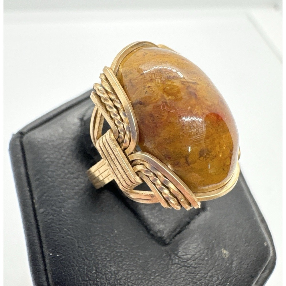 Vintage Gold-Filled Wire Wrapped Agate Ring  Size 3.25 Handmade Artisan‎ Setting